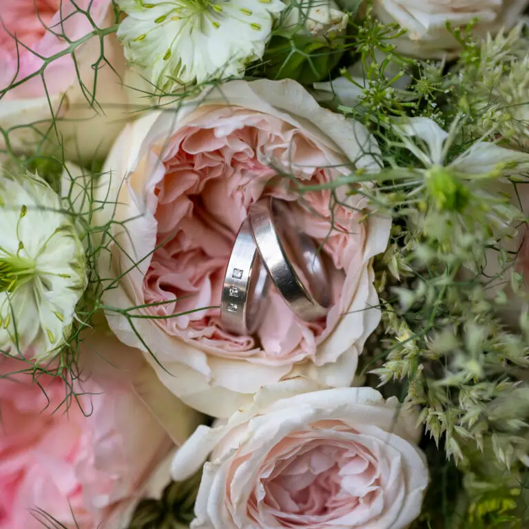 Zwei silberne Eheringe, eingebettet in die Mitte einer blühenden, pfirsichfarbenen Rose, umgeben von weißen Rosen und Grün – wunderschön eingefangen von dem Fotografen aus Goslar und Deiner Region.